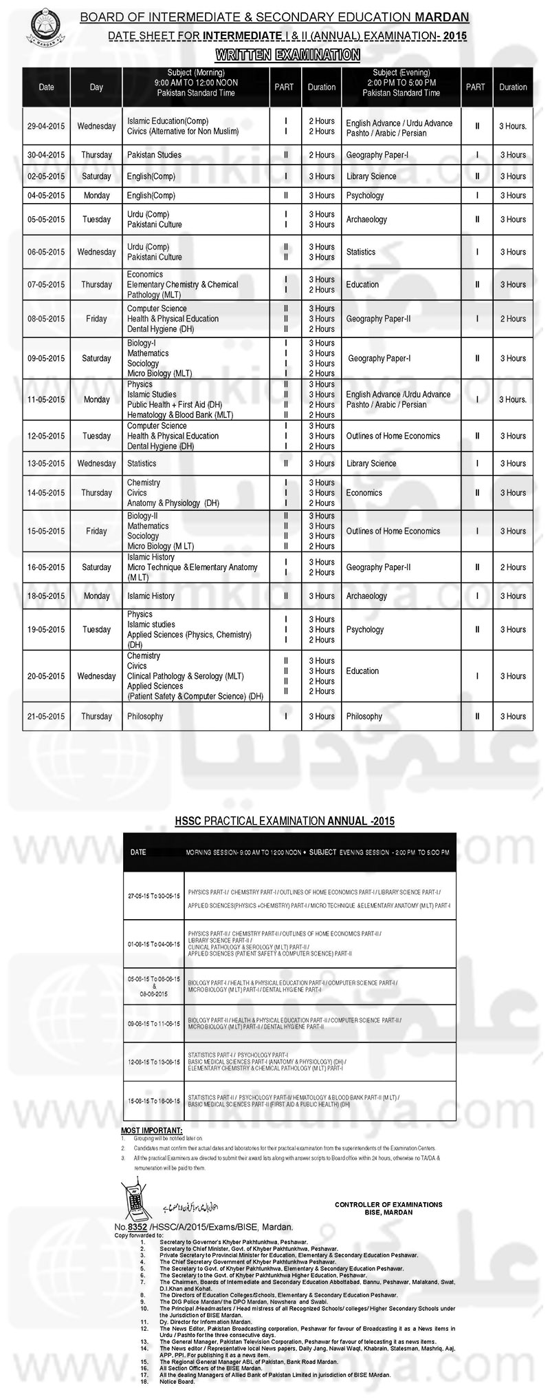 BISE Mardan Board 9th 10th Class Date Sheet 2017