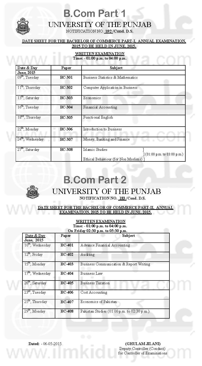 Punjab University PU Lahore B.Com Date Sheet 2015 Part 1, 2