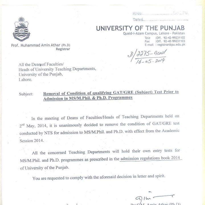 PU announces GRE/GAT Test not mandatory for MS, MPhil and PhD ...