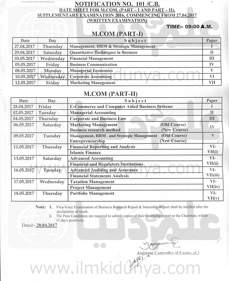 part sheet 1 date 2018 of ma BZU MSc 2018 of Date BSc, MA, Sheets B.Com, Multan BA,