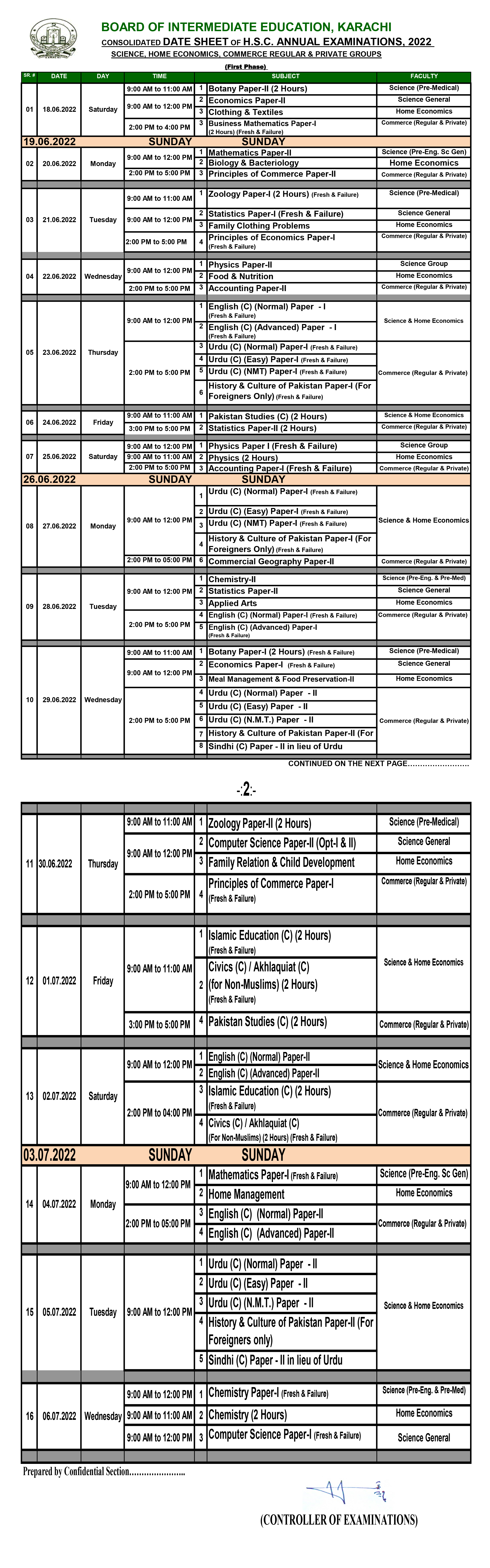 BIEK Karachi Board Fsc Part 1 Date Sheet 2022